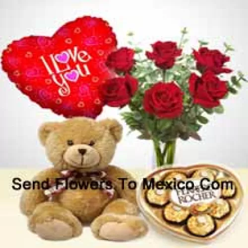 6 Red Roses With Some Ferns In A Glass Vase, A Cute 14 Inches Tall Brown Teddy Bear, 8 Pcs Heart Shaped Ferrero Rocher And An "I Love You" Balloon
