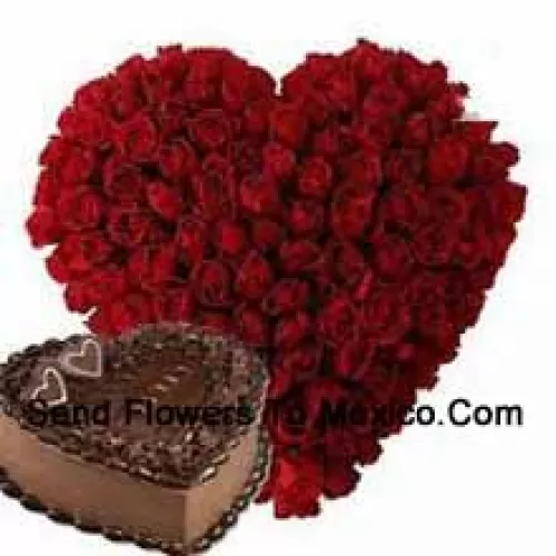 Heart Shaped Arrangement Of 101 Red Roses Along With 1 Kg Heart Shaped Chocolate Cake