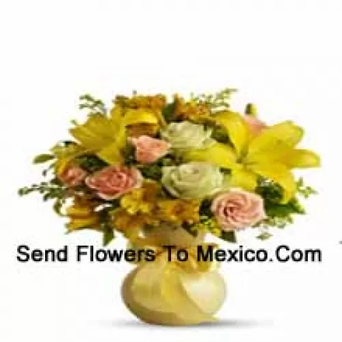 Orange Roses, White Roses, Yellow Gerberas And Yellow Lilies With Some Ferns In A Glass Vase