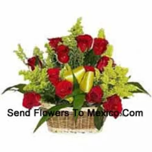 Basket Of 18 Red Roses With Seasonal Fillers