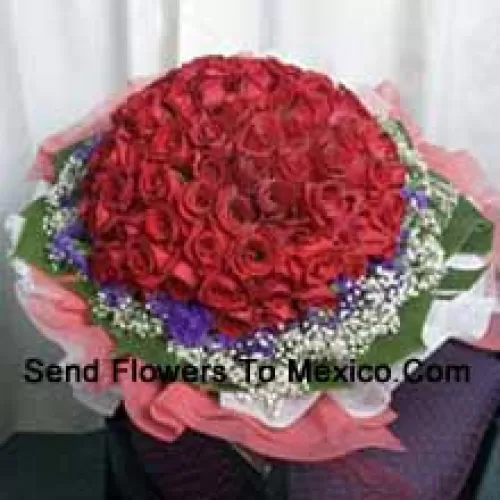 Bunch Of 100 Red Roses With Seasonal Fillers
