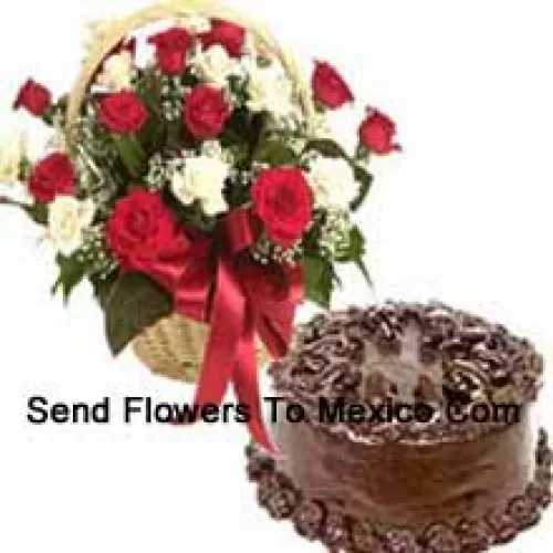 Basket Of 24 Mixed Colored Roses And A 1 Kg (2.2 Lbs) Chocolate Cake