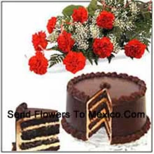 Bunch Of 12 Carnations With Seasonal Fillers and 1 Kg (2.2 Lbs) Chocolate Cake