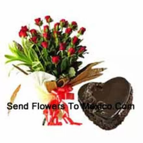 Bunch Of 24 Red Roses With 1 Kg Heart Shaped Chocolate Cake