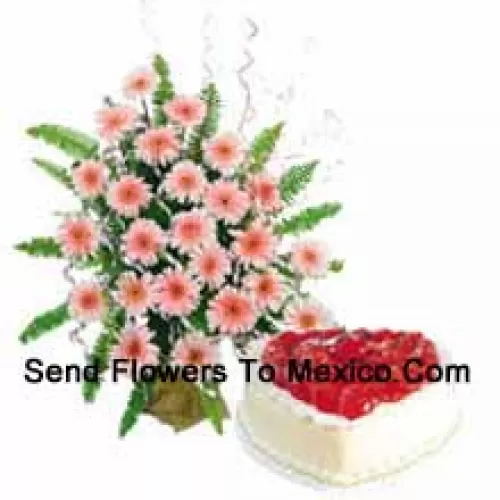 Basket Of 24 Pink Colored Gerberas Along With A 1 Kg Heart Shaped Vanilla Cake