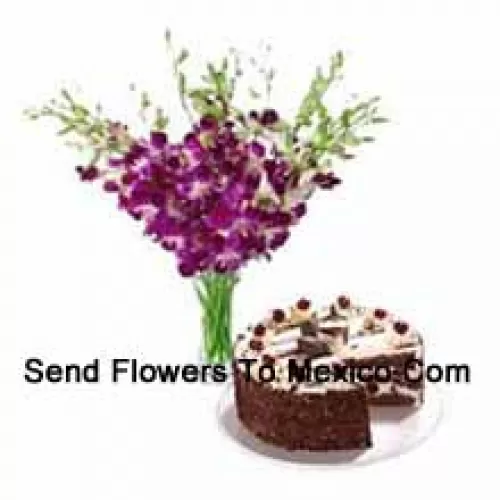 Orchids In A Vase Along With 1 Kg Black Forest Cake