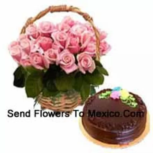 Basket Of 24 Pink Roses Along With A 1 Kg Chocolate Truffle Cake