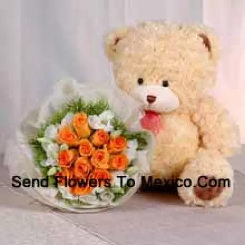 Bunch Of 12 Orange Roses And A Medium Sized Cute Teddy Bear