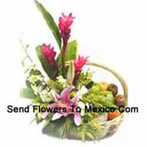 Basket Of 5 Kg (11 Lbs) Assorted Fresh Fruit Basket With Assorted Flowers