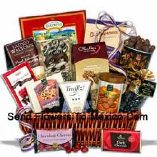 This gift basket arrives gorgeously packaged and piled high with the most delicious, award-winning chocolates you’ve ever tasted. Inside they'll find chocolate truffles, dark chocolate covered raisins, chocolate covered cherries, chocolate shortbread cookies, chocolate pecan crunch, a dark chocolate signature bar, chocolate dipped Bavarian pretzels, chocolate wafer squares, chocolate crunch shortbread cookies, dark chocolate butter wafers, chocolate almond butter crunch, chocolate covered toffee peanuts, and raspberry dark chocolate sticks. (Please Note That We Reserve The Right To Substitute Any Product With A Suitable Product Of Equal Value In Case Of Non-Availability Of A Certain Product)