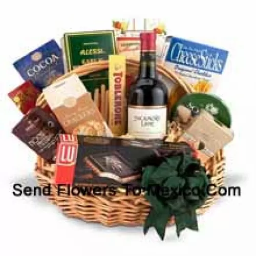 This Gift Basket includes a bottle of red wine accompanied by a wonderful assortment of gourmet foods. The gourmet foods include Variety of crackers, Delicious cheese, Nuts, Confections, Savory Snacks and Tea or Coffee. (Contents of basket including wine may vary by season and delivery location. In case of unavailability of a certain product we will substitute the same with a product of equal or higher value)