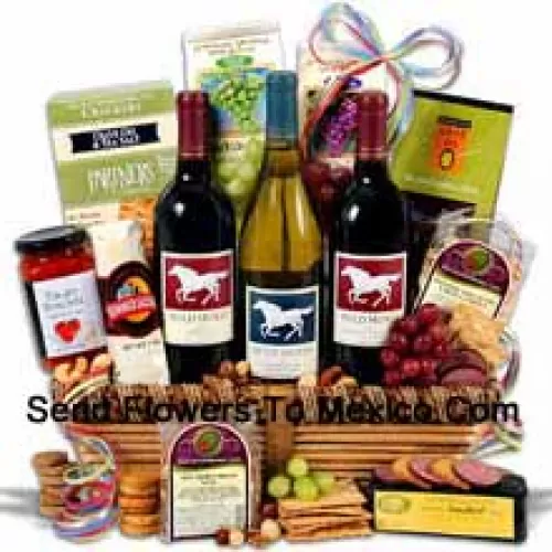 This Gift Basket Includes Wild Horse - Cabernet Sauvignon - 750ml, Wild Horse - Chardonnay - 750ml, Wild Horse - Merlot - 750ml, Hors Doeuvre Deli Style Crackers by Partners, Hickory & Maple Smoked Cheese by Sugarbush Farm, Butcher Wrapped Summer Sausage by Sparrer Sausage Co, Tomato Bruschetta by Elki, Red Wine Biscuit by American Vintage, White Wine Biscuit by American Vintage, Nicoise Olives by Barnier, Cashews and Boulder's Mixed Nuts. (Contents of basket including wine may vary by season and delivery location. In case of unavailability of a certain product we will substitute the same with a product of equal or higher value)