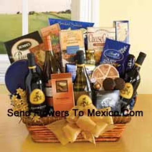 This Gift Basket includes four bottles of California Wine - Chardonnay, Merlot, Cabernet Sauvignon and Pinot Noir, Bruschetta Toast, Salami, Tin of Chocolate-Covered Sandwich Cookies, Cocoa Mix, Almonds, Smoked Salmon, Biscotti, Brie Cheese, Olives, Crackers, Ghirardelli Chocolate Bar, Cheese Straws, Lindt Chocolate Truffles And Blondie Cookies. (Contents of basket including wine may vary by season and delivery location. In case of unavailability of a certain product we will substitute the same with a product of equal or higher value)