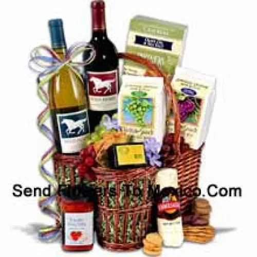 This Gift Basket Includes Wild Horse - Cabernet Sauvignon - 750ml, Wild Horse - Chardonnay - 750ml, Hors Doeuvre Deli Style Crackers by Partners, Hickory & Maple Smoked Cheese by Sugarbush Farm, Butcher Wrapped Summer Sausage by Sparrer Sausage Co, Tomato Bruschetta by Elki, Red Wine Biscuit by American Vintage and White Wine Biscuit by American Vintage.  (Contents of basket including wine may vary by season and delivery location. In case of unavailability of a certain product we will substitute the same with a product of equal or higher value)
