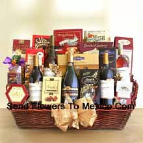 This Gift Basket contains four outstanding bottles of fine California wine – a chardonnay, a cabernet sauvignon, a sauvignon blanc and a merlot. This gift basket also includes a California sparkling wine. Other products included in this basket are peanut brittle, assorted Ghirardelli chocolates, Lindt truffles, chocolate toffee almonds, brie cheese, gourmet popcorn, bruschetta crisps, sweet butter cookies, Walker's shortbread cookies, biscotti, cranberry pecan cookies, savory snack mix, Jaquot chocolate truffles and smoked salmon. (Contents of basket including wine may vary by season and delivery location. In case of unavailability of a certain product we will substitute the same with a product of equal or higher value)