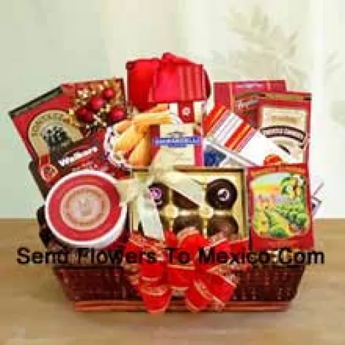 Send your wishes for happy holidays to everyone on your gift list this year with our gourmet gift basket designed just for the occasion. Our delightful tray basket holds Walker's holiday shortbread cookies, Ghirardelli chocolate assortment, Jelly Belly jelly beans, butter toffee pretzels, truffle cookies, cheese swirls, smoked almonds, cheese, English tea cookies, water crackers, and a Ghirardelli chocolate bar. The variety makes it perfect when you want to make sure there is something for everyone to enjoy. They'll love the elegant presentation with a big bow on the front, and can keep the wicker basket to use long after the food has been enjoyed (Please Note That We Reserve The Right To Substitute Any Product With A Suitable Product Of Equal Value In Case Of Non-Availability Of A Certain Product)